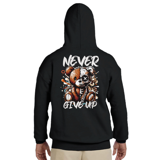 Never Give Up Teddybär Hoodie Schwarz – Rückansicht Print | Regionize