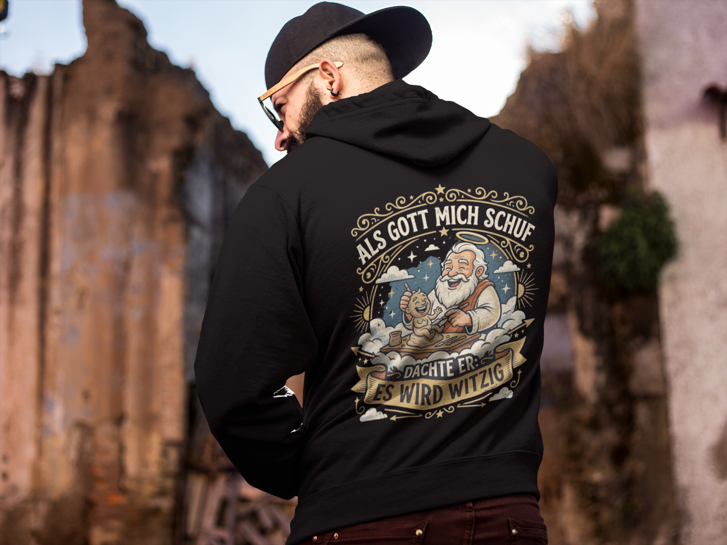Als Gott mich schuf Hoodie Schwarz – Frontansicht Statement Geschenk | Regionize