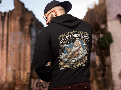 Als Gott mich schuf Hoodie Schwarz – Frontansicht Statement Geschenk | Regionize
