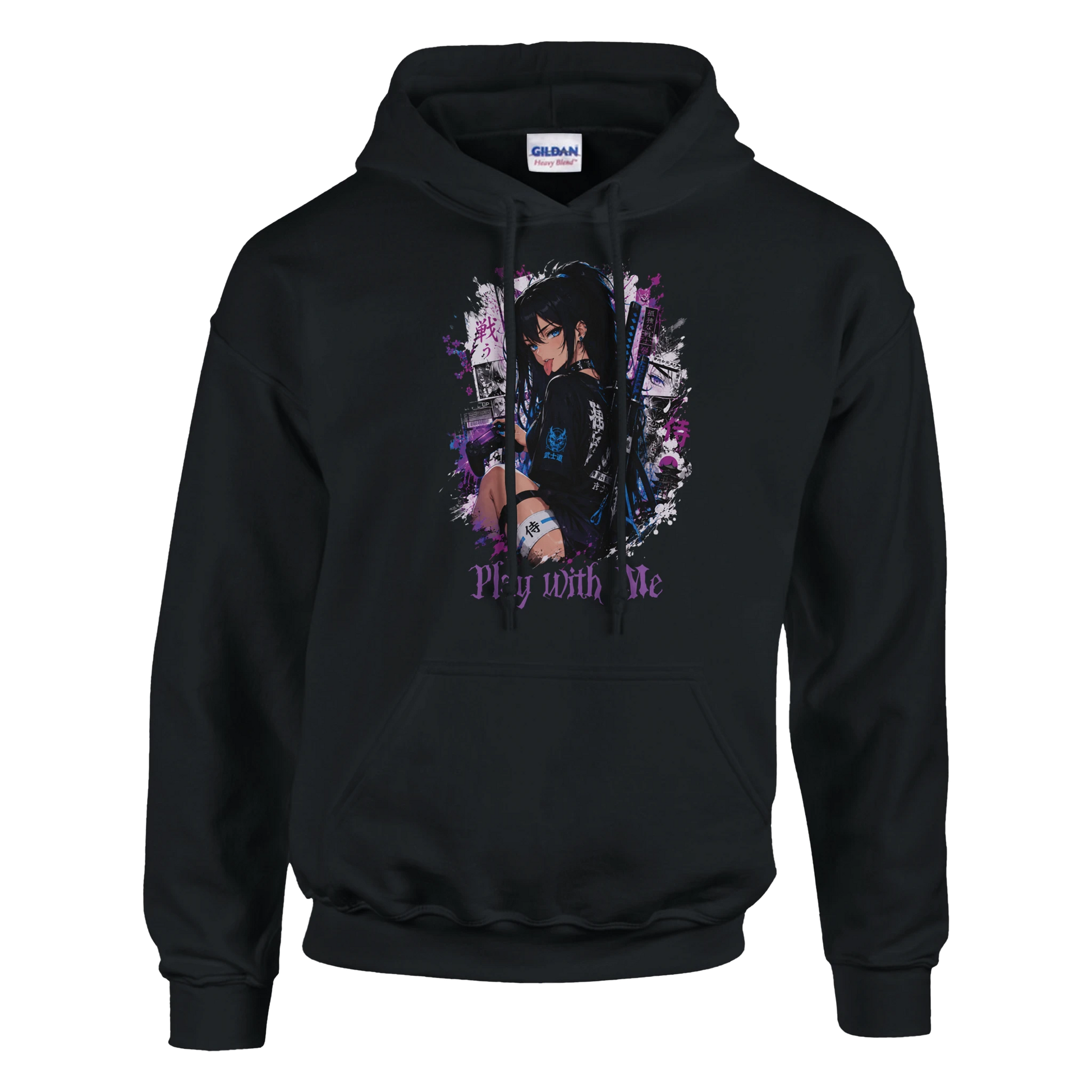 Anime Play With Me Hoodie Schwarz – Rückansicht DTG-Druck Otaku Streetwear | Regionize