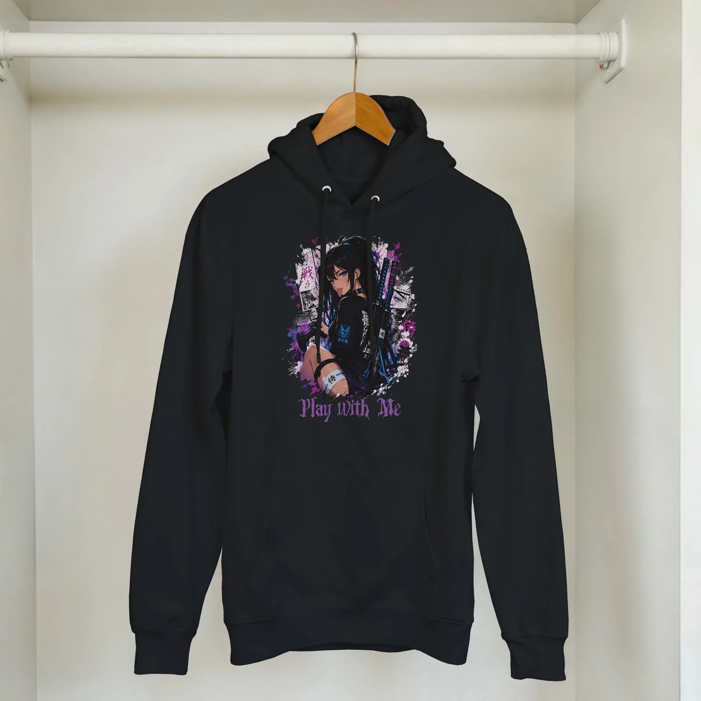 Anime Play With Me Hoodie Schwarz – Rückansicht DTG-Druck Otaku Streetwear | Regionize