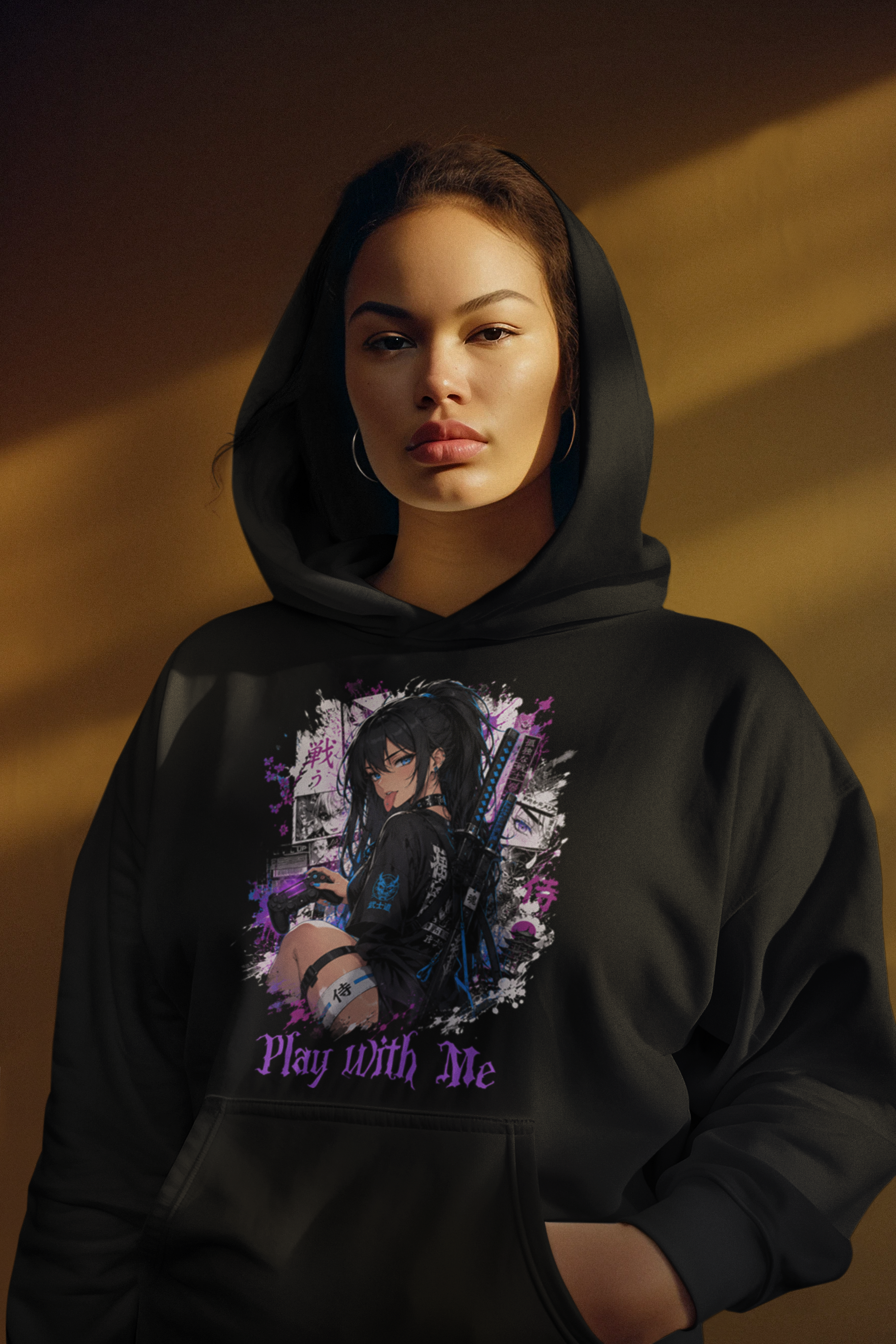 Anime Play With Me Hoodie Schwarz – Unisex Otaku Streetwear Hoodie von Regionize