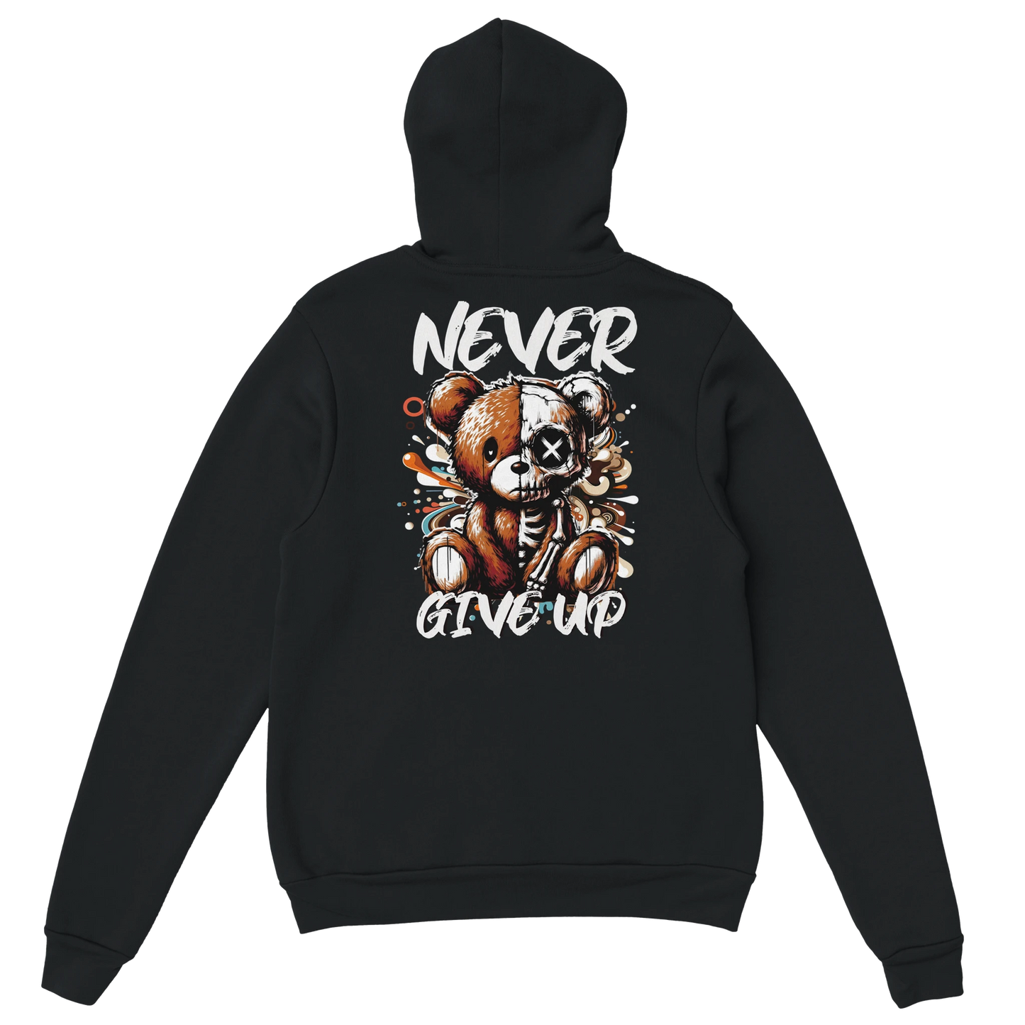 Never Give Up Teddybär Hoodie Schwarz – Detail | Regionize