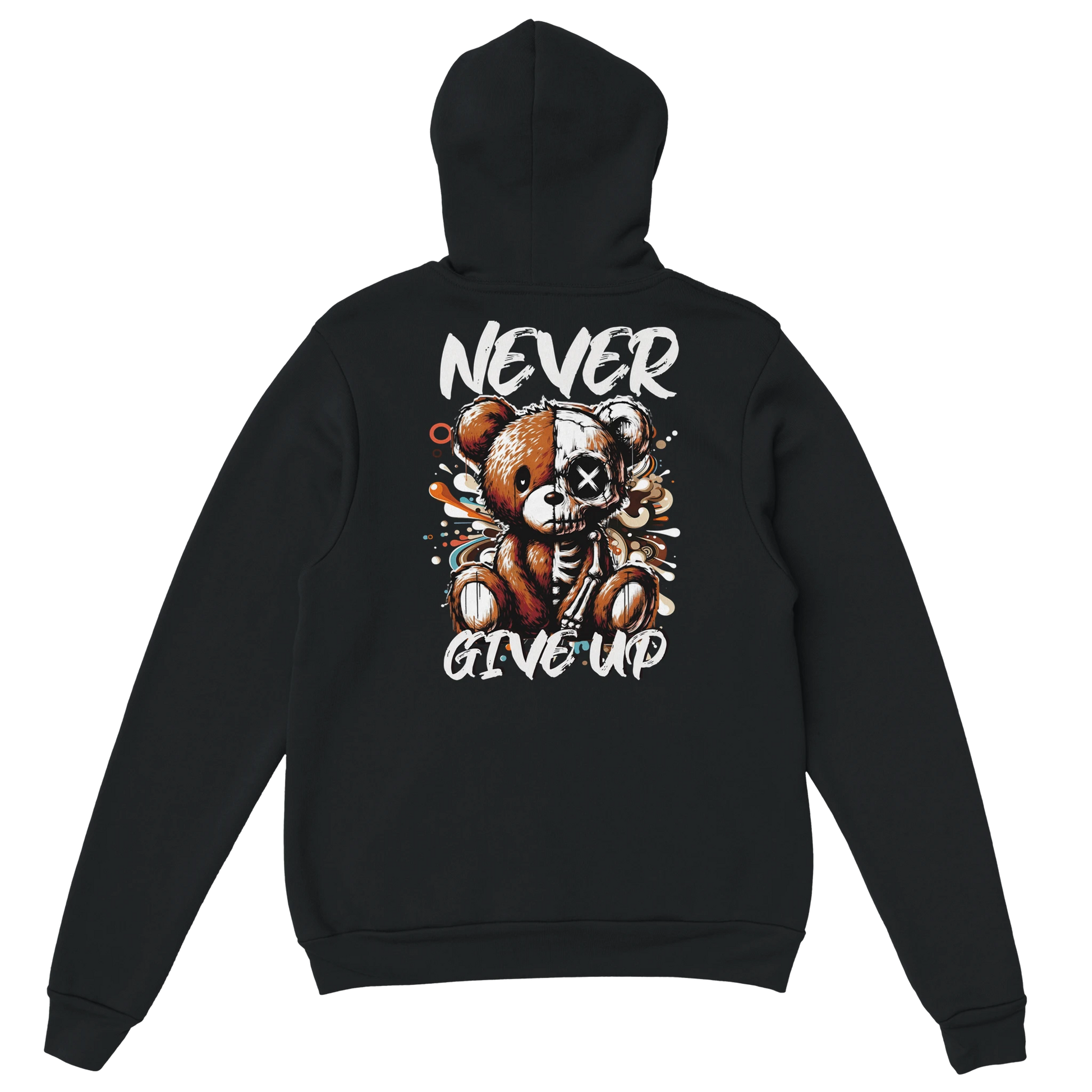 Never Give Up Teddybär Hoodie Schwarz – Detail | Regionize