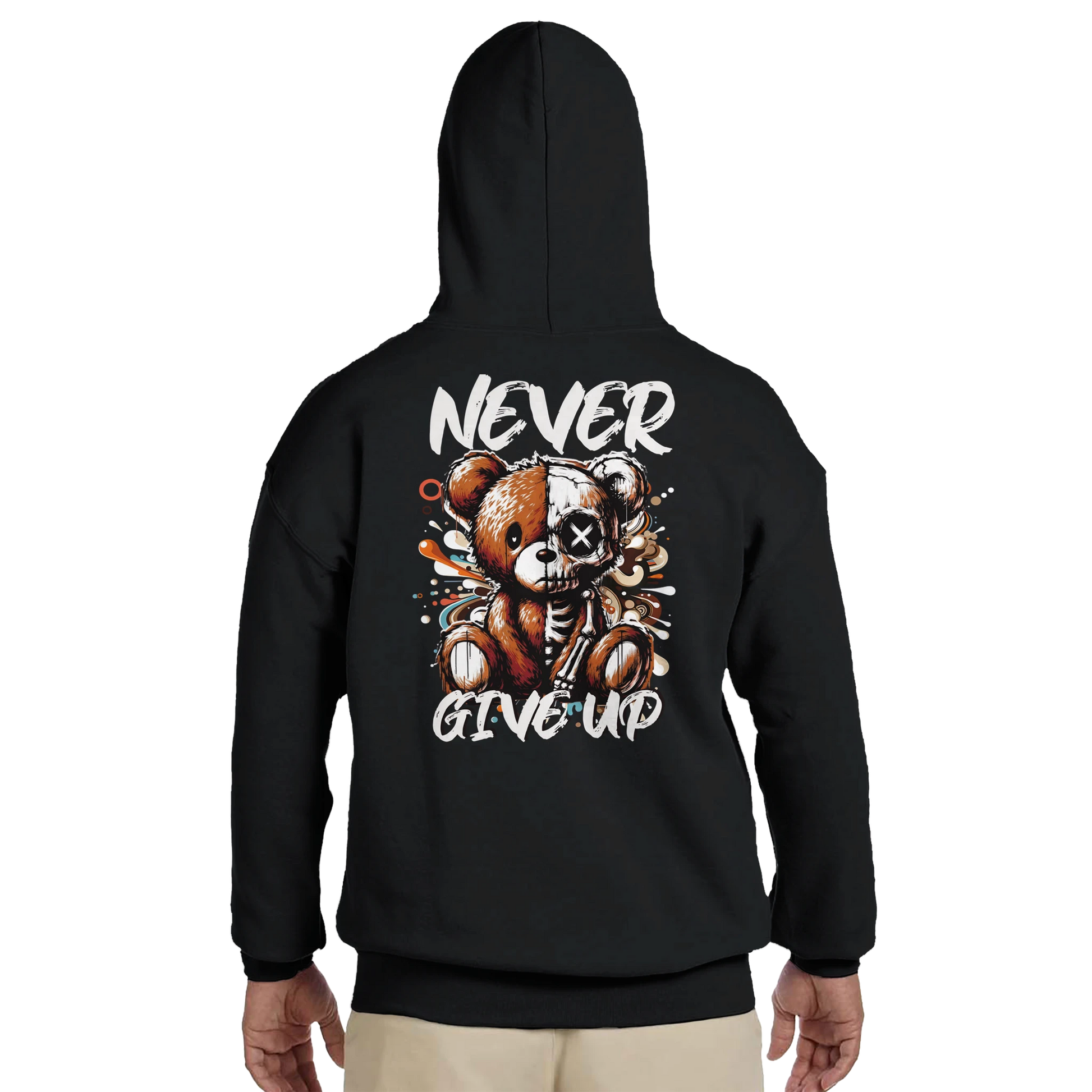 Never Give Up Teddybär Hoodie Schwarz – Rückansicht Print | Regionize