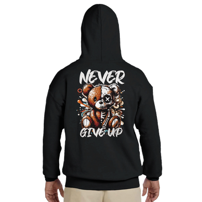 Never Give Up Teddybär Hoodie Schwarz – Rückansicht Print | Regionize