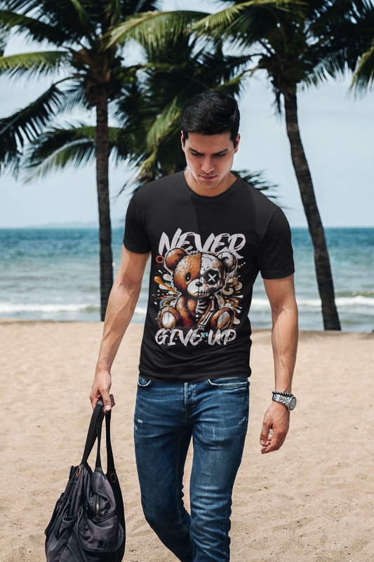 Never Give Up T-Shirt Schwarz – Frontansicht Motivation Streetwear | Regionize