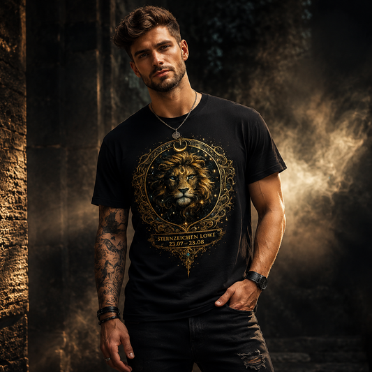 Löwe Sternzeichen T-Shirt Schwarz – Frontansicht | Regionize