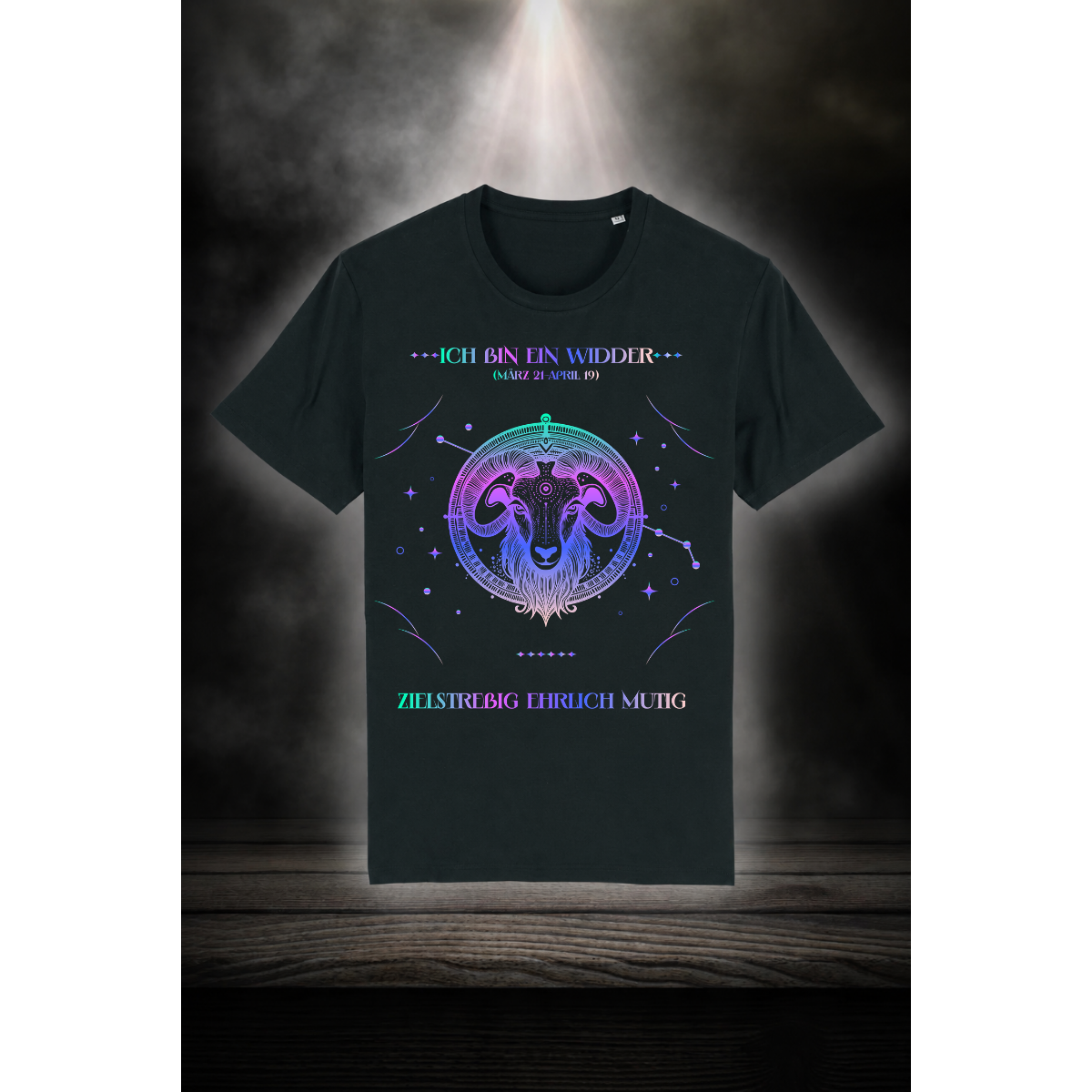 Widder Horoskop T-Shirt Schwarz – Detailansicht DTG-Druck | Regionize